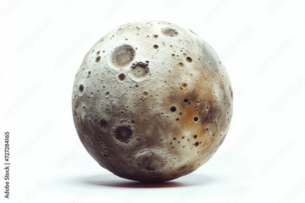 Obraz premium Realistic depiction of Phobos, a moon of Mars, showcasing its irregular shape and cratered surface against a bright white backdrop 