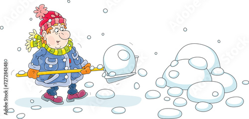 Funny man in warm clothes diligently cleaning snow with his shovel in a courtyard of a house on a snowy and cold winter day, vector cartoon illustration on a white background