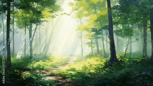 A Painting of the Sun Shining Through the Trees