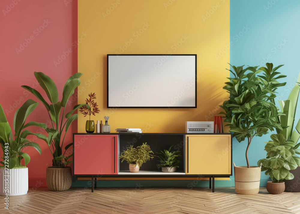 Modern interior design with white frame on the wall Modern interior design with white frame on the wall