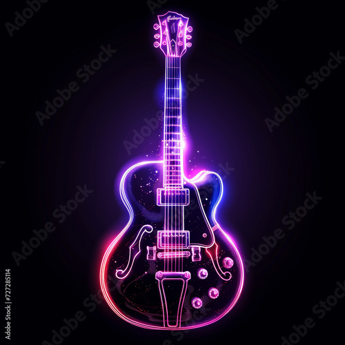 Electric Guitar Neon Art.
Neon silhouette of an electric guitar against a dark background.