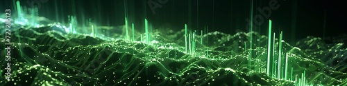 Glossy 3D bar charts erupting from a virtual reality terrain, accented with green neon. photo