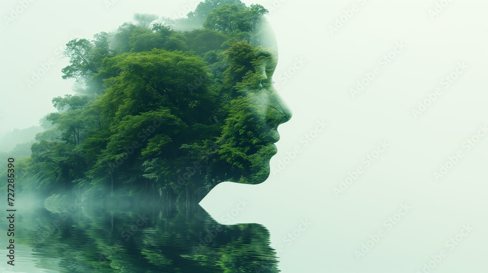 Double exposure portrait of attractive lady combined with photograph of tree,city,river