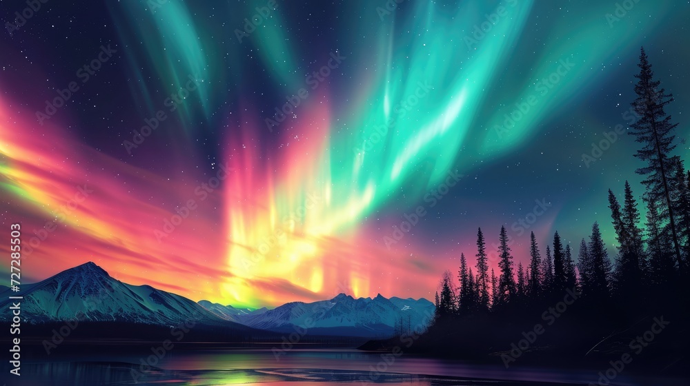 Beautiful night sky with colourful northern lights. Polar aurora, natural effect
