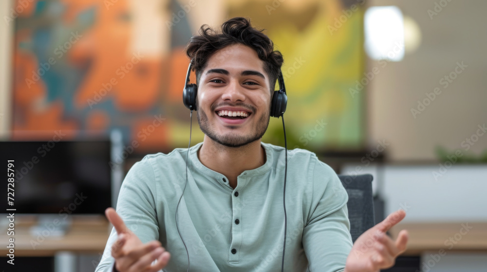 man with a headset sits at a desk with a computer, smiling, in a bright office environment. man with a headset sits at a desk with a computer, smiling, in a bright office environment.