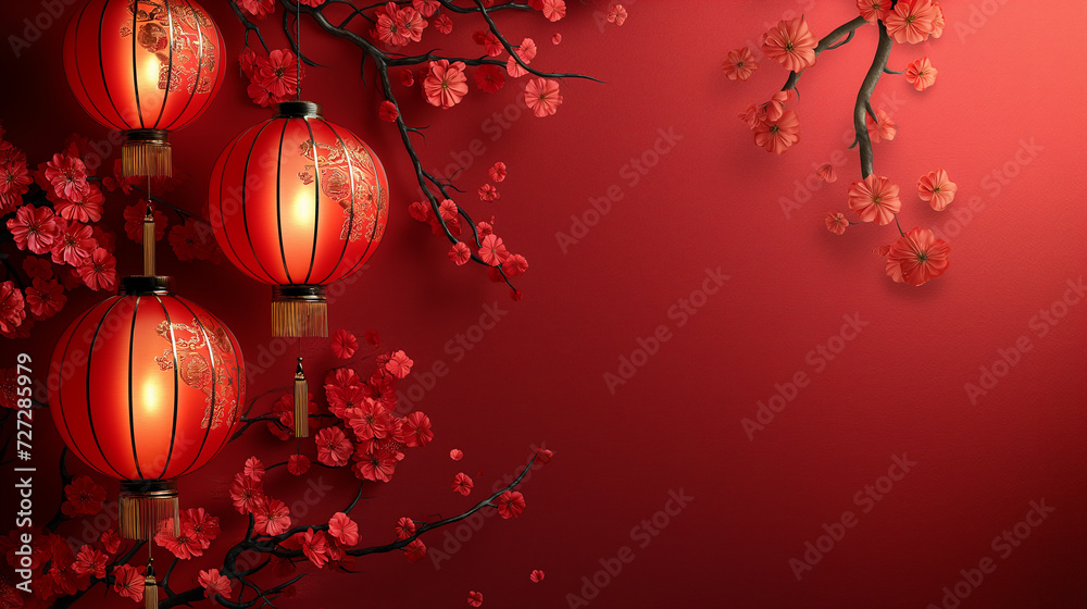 Chinese New Year celebration banner red background 3d lantern and text space Chinese New Year celebration banner red background 3d lantern and text space