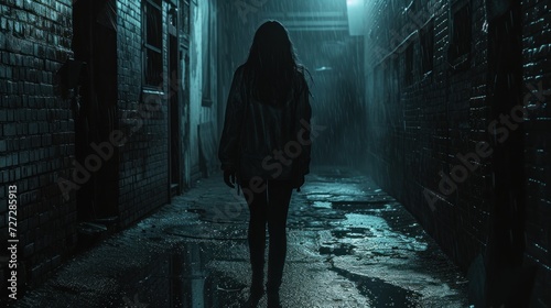 Mysterious girl walking alone along a dark alley AI generated image photo