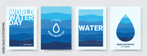 Set of posters for world water day. Vector illustration with flyers for decoration world water day. Concept of retro posters with water waves and typography. Flyers for social media, cover, branding. #727285946