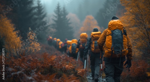 A diverse group of adventurers stand amidst the autumn forest, surrounded by towering trees and enveloped in a mystical fog, their firefighter gear a stark contrast to the serene nature as they embar