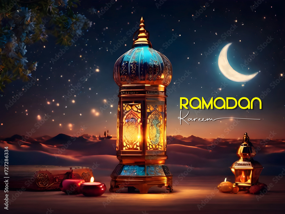 Ramadan Kareem-themed illustration background. Lanterns stands- in the desert at night sky, lantern Islamic Mosque.