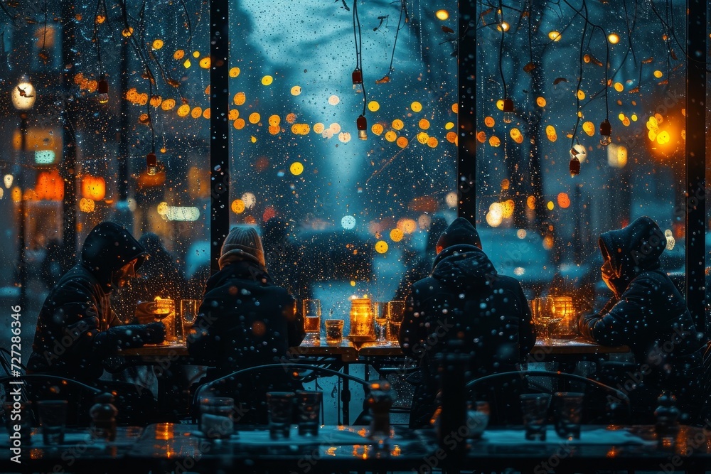 A cozy winter night in the city, as people gather around a table illuminated by the soft glow of candles and twinkling lights, with a majestic christmas tree standing tall in the snowy streets