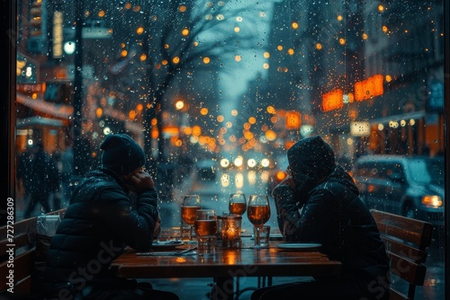 Amidst the cold winter night, people huddle under the dim street light, seeking shelter from the rain at an outdoor table outside the city building