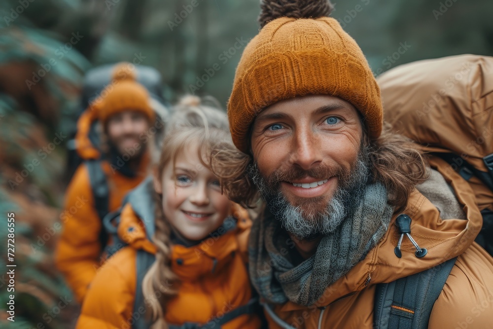 A group of people with warm orange jackets and hats smile brightly in the outdoor scenery, their diverse human faces and beards adding character to their stylish clothing