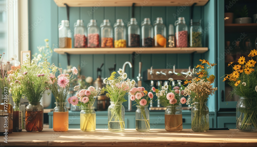 Interior of the tea bar, cozy and warm but also cute and summer like, fresh wild flowers in vases in style of the Barely There Florals