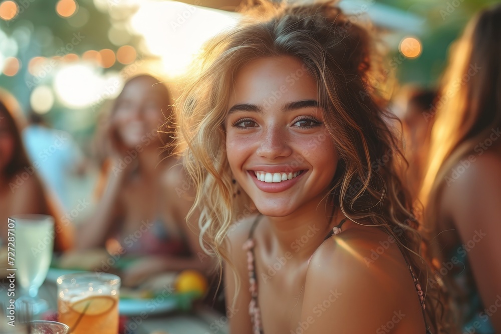 Fototapeta premium A joyous woman happily poses for the camera, radiating warmth and contentment as she enjoys a refreshing beer in the great outdoors