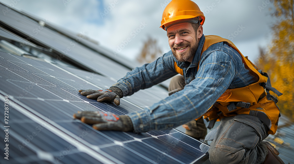 technician installing solar panel on the roof technician installing solar panel on the roof