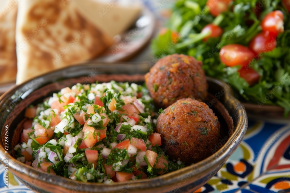 Delicious Falafel with Fresh Salad and Pita Bread, Middle Eastern Cuisine Delicious Falafel with Fresh Salad and Pita Bread, Middle Eastern Cuisine