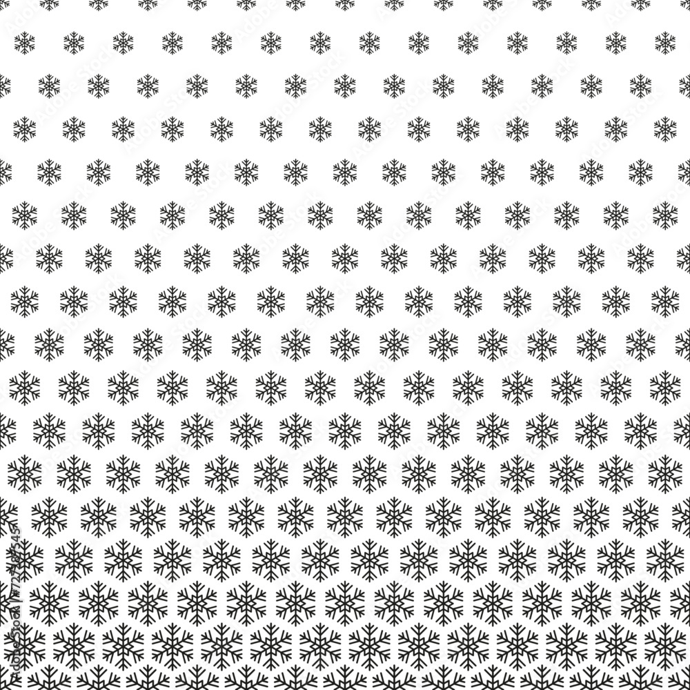 Snowflake seamless pattern. Repeating black fading snowflakes isolated on white background. Repeated fadew halftone texture. Gradation faded prints. Repeat lattice. Fades degrade. Vector illustration