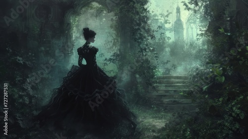 Beautiful Victorian Woman Model in black dress AI generated image