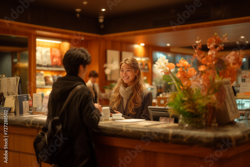 Asian female receptionist greeting guests in a luxury hotel