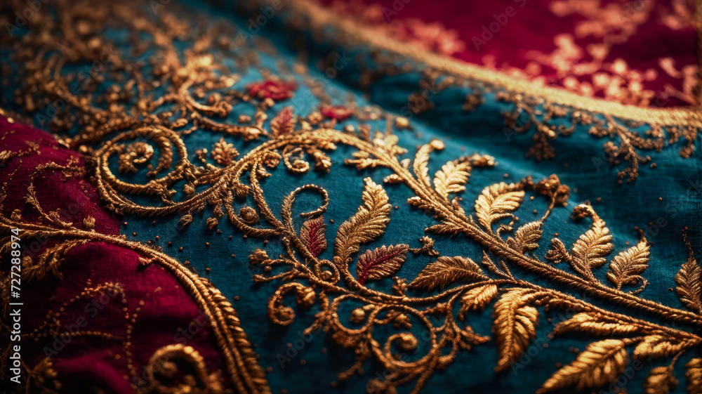 background of blue raw canvas fabric with golden embroidered arabesques folded into sinuous curves - colorful texture background of blue raw canvas fabric with golden embroidered arabesques folded into sinuous curves - colorful texture