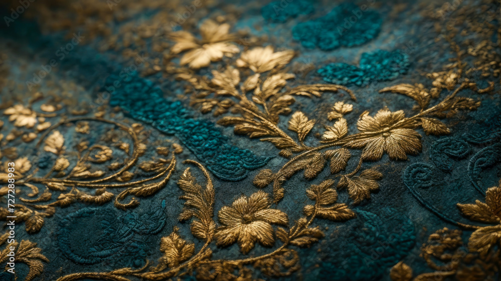 background of blue raw canvas fabric with golden embroidered arabesques folded into sinuous curves - colorful texture