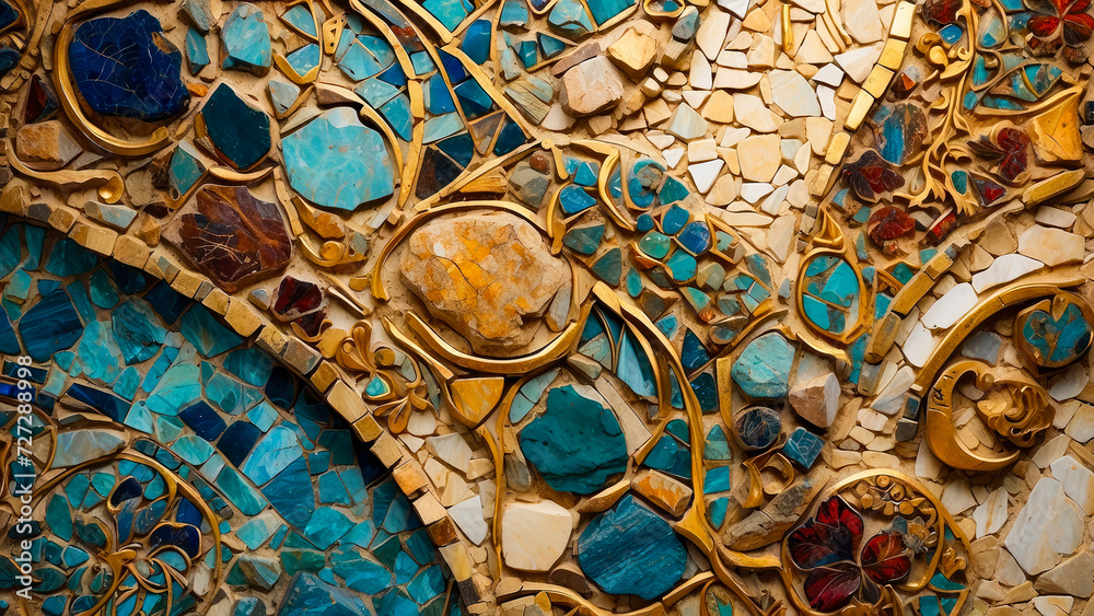 texture background of small irregular geometric stones in warm colors forming a harmonious mosaic