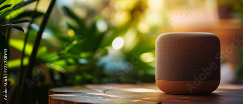 A smart speaker on a wooden table  blending technology with home comfort