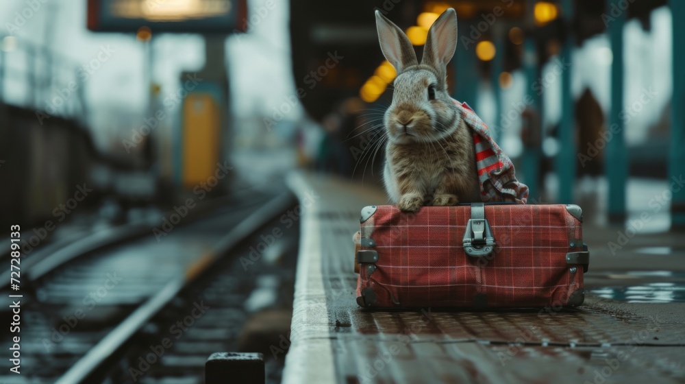 Bunny traveling. At Railway Station. AI Generative