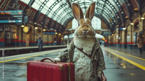 Bunny traveling. At Railway Station. AI Generative