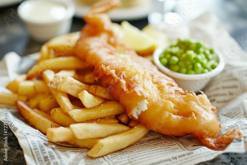 Crispy Fish and Chips on Newspaper, Traditional British Cuisine