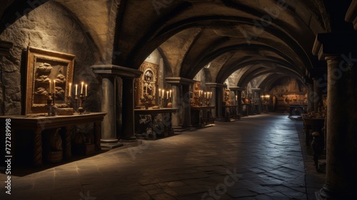 Dimly Lit Tunnel With Benches and Tables