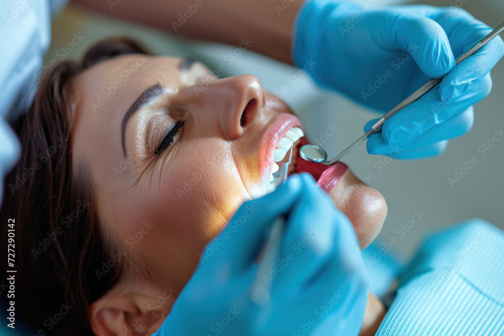 Fototapeta premium Dentist performing routine checkup on female patient. Dental care and hygiene