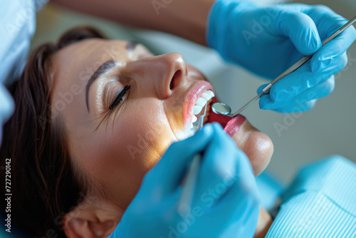 Dentist performing routine checkup on female patient. Dental care and hygiene