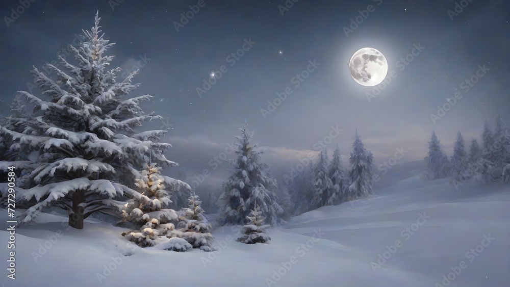 Christmas background with snowy fir trees and full moon in the night sky