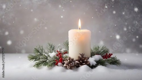 a lit candle sitting on top of snow covered ground  creating a warm glow against the wintry backdrop.