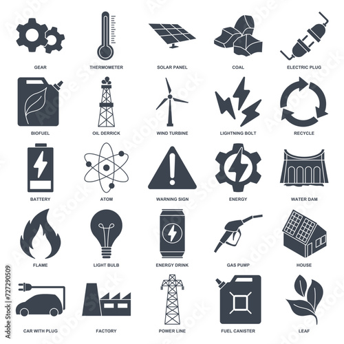 renewable energy, green technology icon set, Included icons as Light Bulb, Folder, Solar Panel, Battery and more symbols collection, logo isolated vector illustration