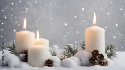 a lit candle sitting on top of snow covered ground  creating a warm glow against the wintry backdrop.