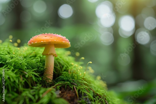 Selective focus of tiny mushroom on green moss