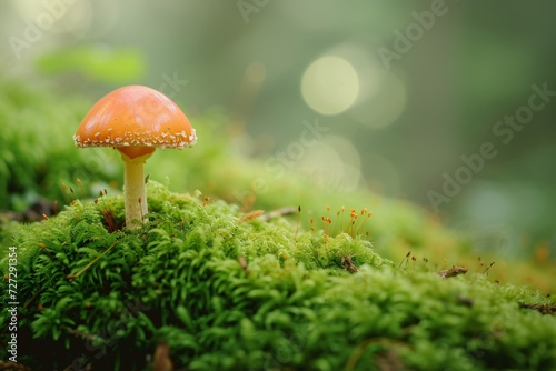 Selective focus of tiny mushroom on green moss