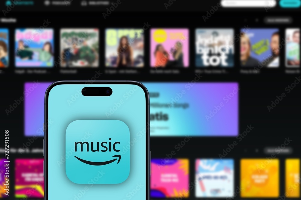 amazon music logo is displayed on an iPhone, website of thenmusic