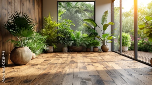 An empty room with wood laminate floors and sun light casting shadows on the walls, representing minimal interior design.