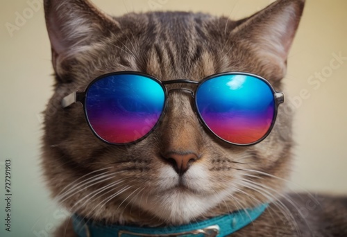 funny cat in round sunglasses close-up