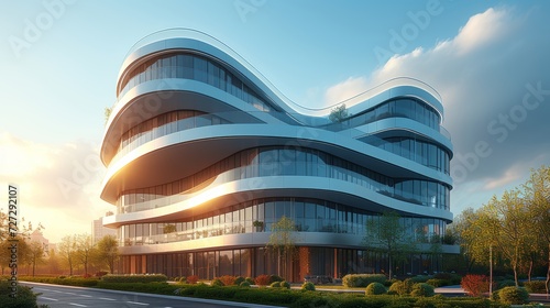 Graphite drawing of a high rise curve glass building with dark steel windows on a blue clear sky background,Business concept of future architecture,look at the angle of the corner building.