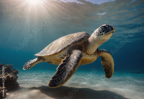 A magnificent giant golden sea turtle spreads its paws and swims in the blue depths of the sea