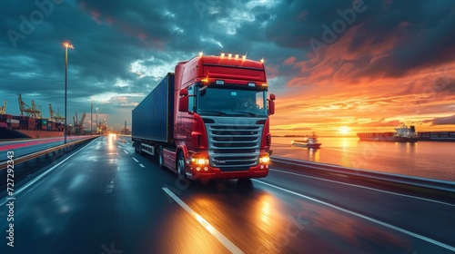 Various logistics import export background and transport industry of containers, freight ships, cargo planes, trucks transporting containers on the road to ports photo
