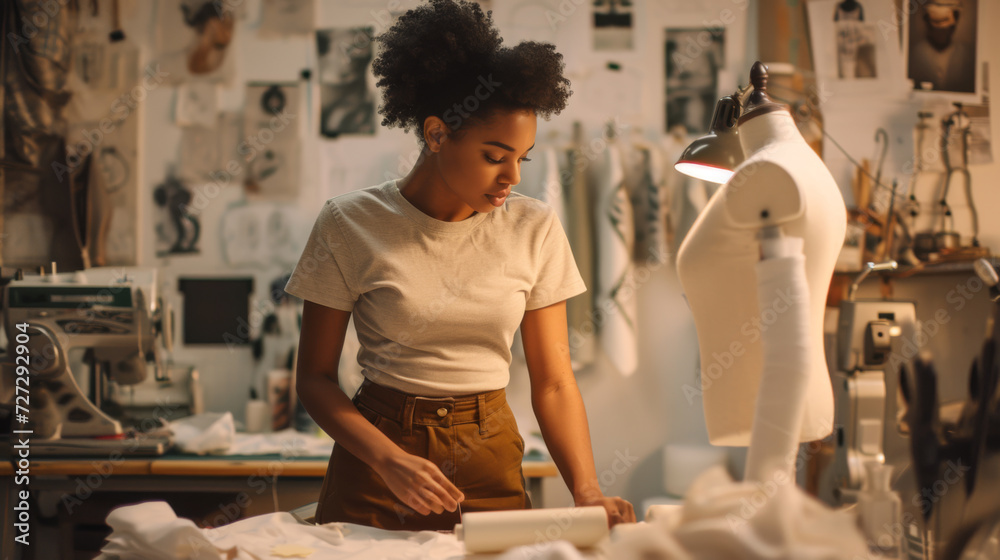 Fototapeta premium young woman is adjusting a garment on a mannequin in a well-organized fashion design studio