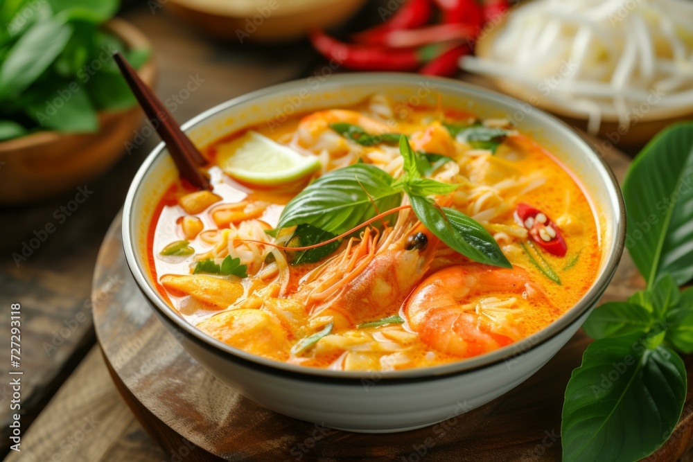Authentic Thai Tom Yum Soup with Shrimp, Exotic Cuisine Concept Authentic Thai Tom Yum Soup with Shrimp, Exotic Cuisine Concept