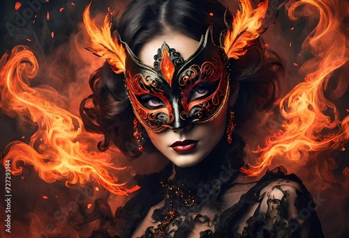 "Envision an electrifying scene where a fiery party mask emerges from the shadows, beautifully contrasting with a black, smoky atmosphere. Capture the essence of the moment while incorporating © rana Taha