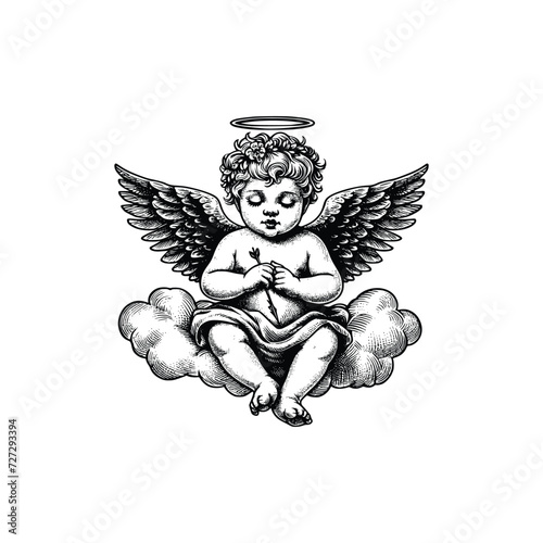 hand drawn baby angel vector illustration. black and white cupid angel isolated white background